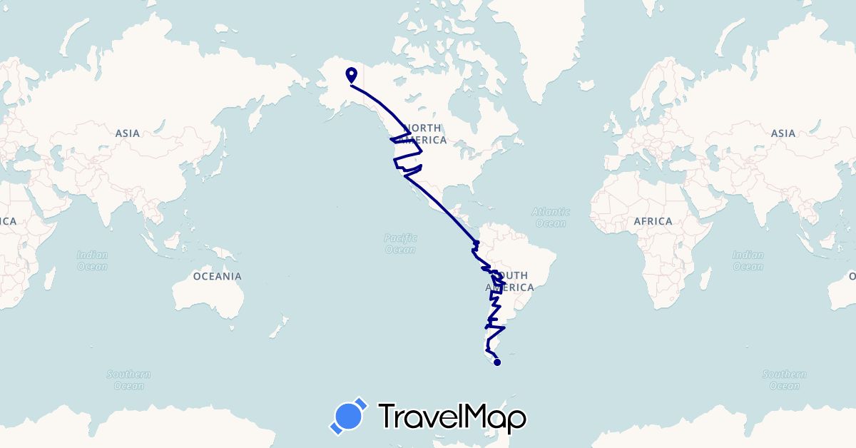 TravelMap itinerary: driving in Argentina, Bolivia, Canada, Chile, Ecuador, Peru, United States (North America, South America)