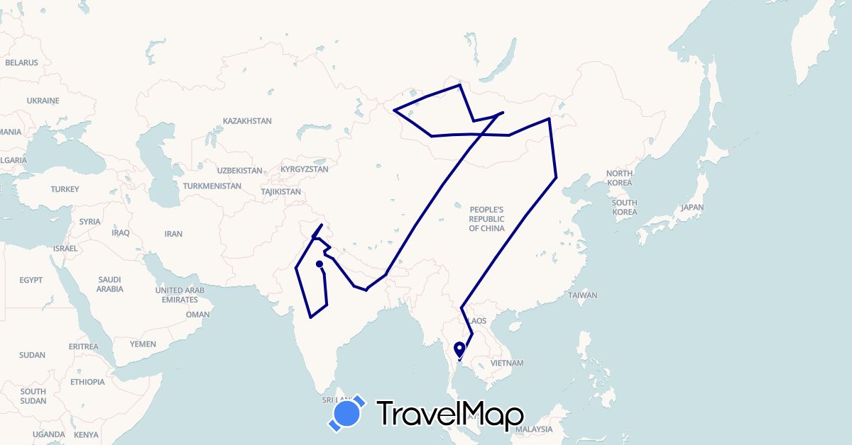 TravelMap itinerary: driving in China, India, Laos, Mongolia, Thailand (Asia)